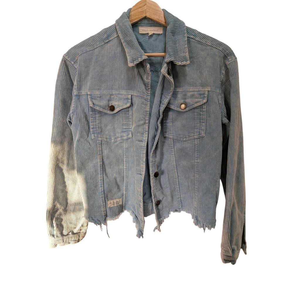 Simply Southern Blue Corduroy Acid Wash Frayed Hem Trucker Jacket Small